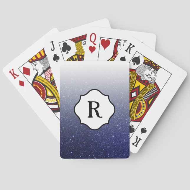 Black Monogram Sparkling Dark Blue Glitzer Ombre Spielkarten (Rückseite)