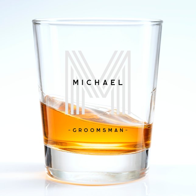Black Monogram Trauzeuge Wedelparty Schnapsglas (Black Monogram Groomsman Wedding Bachelor Party Shot Glass)