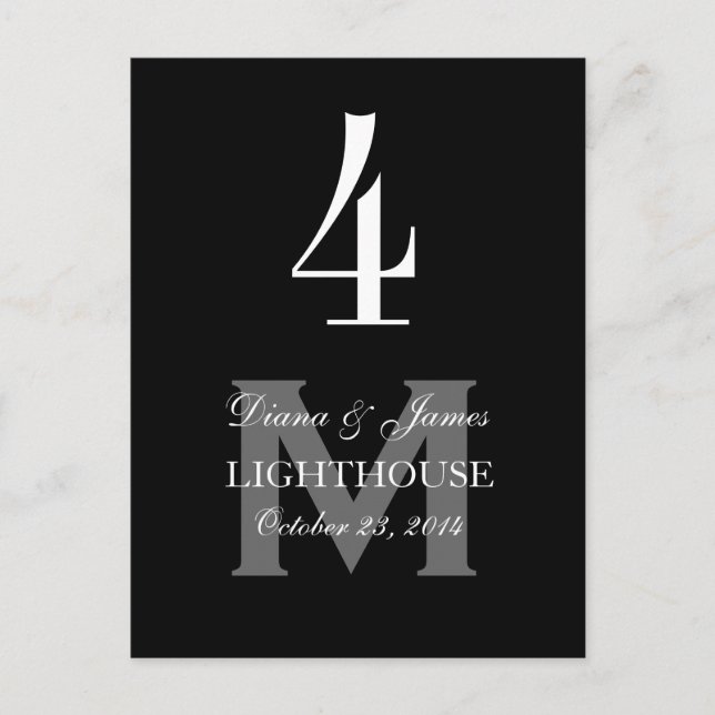 Black Monogram Wedding Tischnummer Card 4 (Vorderseite)