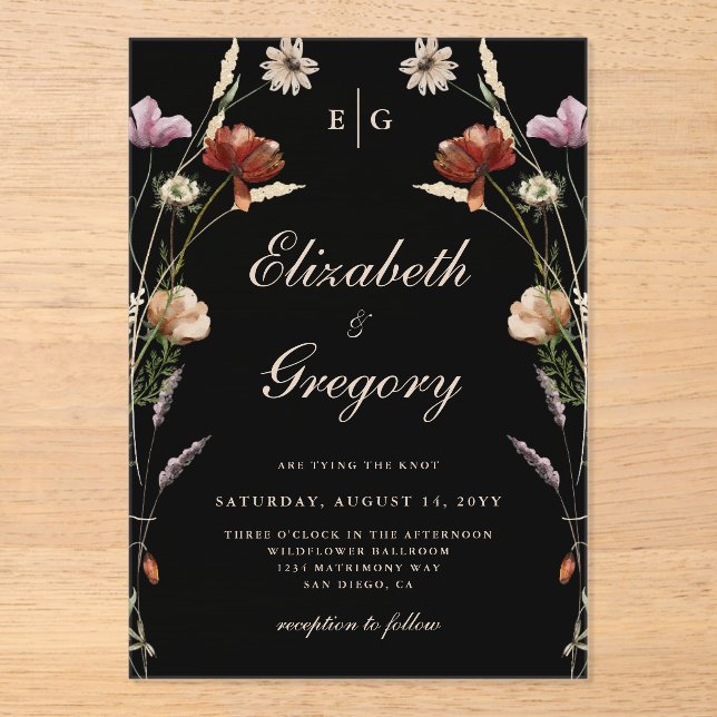 Black Monogram Wildblume Wedding Acryleinladungen (Vorderseite)