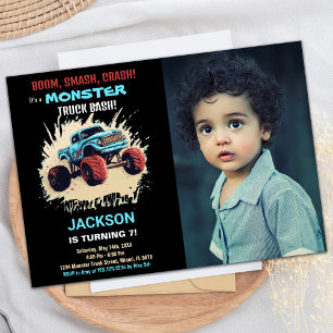Black Monster Truck Birthday Einladungen mit Foto