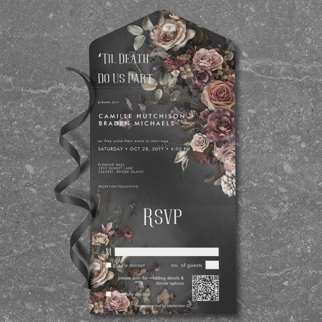 Black Moody Gothic Blume & Mist QR Code All In One Einladung (Black Moody Gothic Flowers & Mist QR Code All In One Invitation)