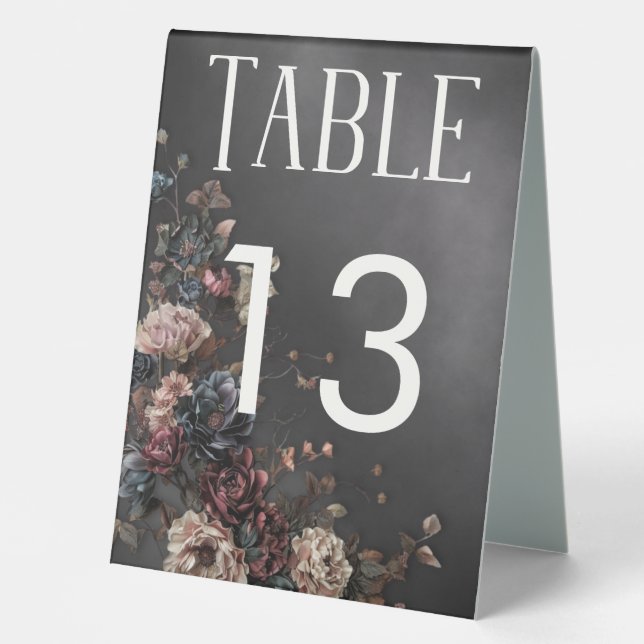 Black Moody Gothic Blume & Mist Wedding Tischaufsteller (Vorderseite)