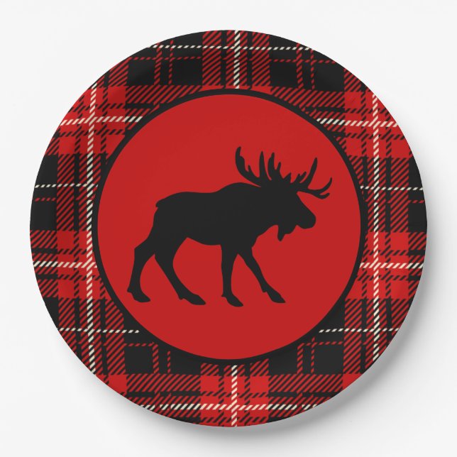 Black Moose Red Black Kariert Pappteller (Vorderseite)