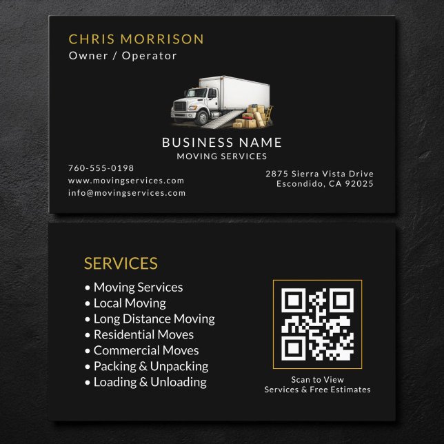 Black Moving Truck Services QR-Code Visitenkarte (Von Creator hochgeladen)