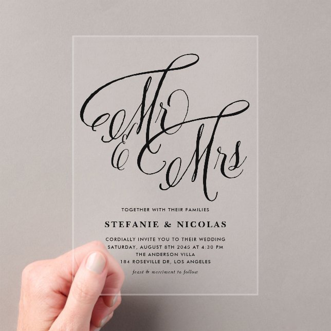 Black Mr. und Mrs. Rustic Calligraphy Wedding Acryleinladungen (Insitu (Handheld))