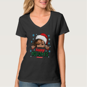 Black Mrs Claus Hat Peeking Happy Holidays Black T-Shirt
