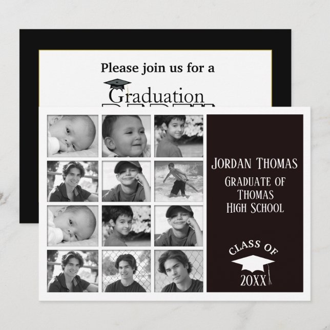 Black Multi Foto Grad Foto Einladung 7" x 5" (Vorne/Hinten)