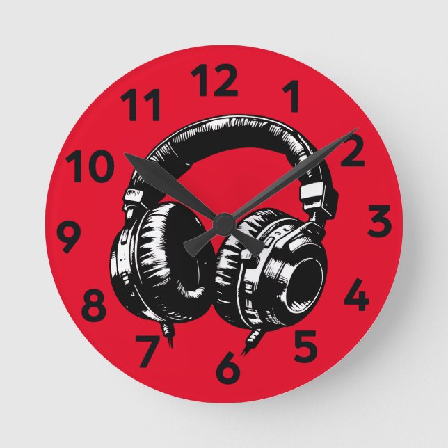 Black Music Headphones DJ Runde Wanduhr (Vorderseite)