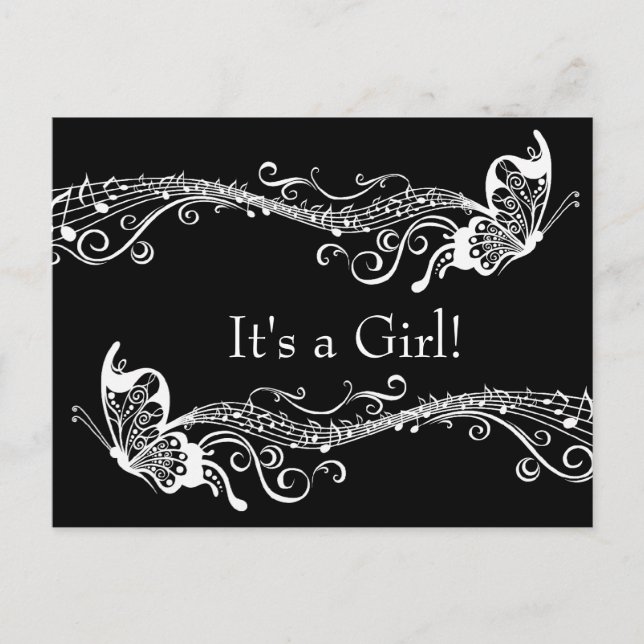 Black Musical Butterflies Kinderdusche Einladung (Vorderseite)