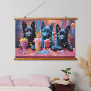 Black N Blue German Shepherds Welpen N Milkshakes Wandteppich Mit Holzrahmen