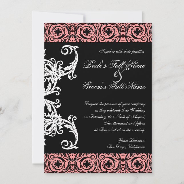Black n White Chandelier Damask Wedites Einladunge Einladung (Vorderseite)