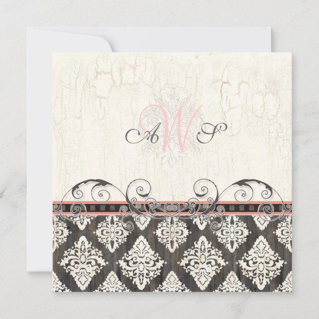 Black 'n White Damask (pink) Einladung zur Hochzei (Vorderseite)