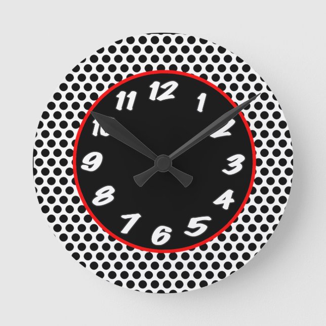 Black N White Dots With Red Accent Retro Runde Wanduhr (Vorderseite)