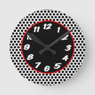 Black N White Dots With Red Accent Retro Runde Wanduhr