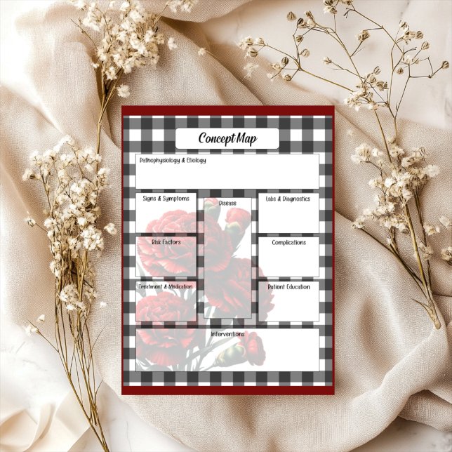 Black n White Floral Gingham_ Concept Map Notizblock (Von Creator hochgeladen)