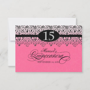 Black n White Lace Look Silver 15. Quinceanera RSVP Karte