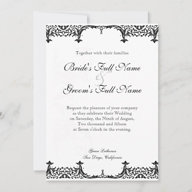 Black n White Lilie Damask Wedding Einladung (Vorderseite)