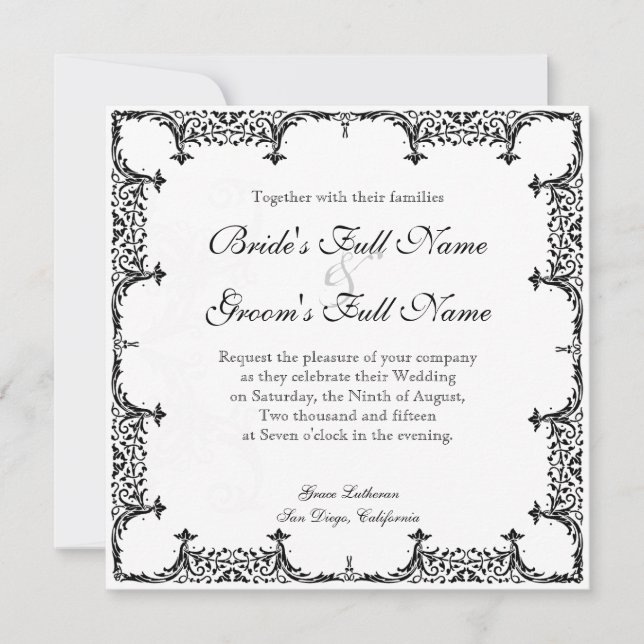 Black n White Lilie Damask Wedding Einladung (Vorderseite)