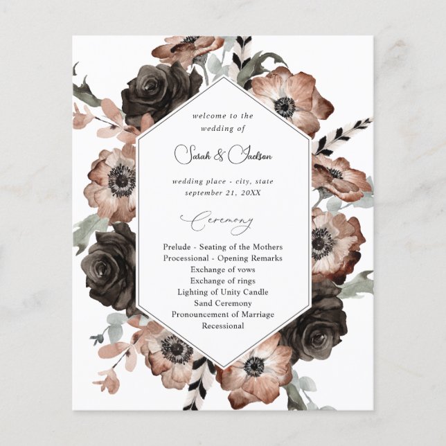 Black & Natural Floral Boho Hochzeitsprogramm (Vorne)