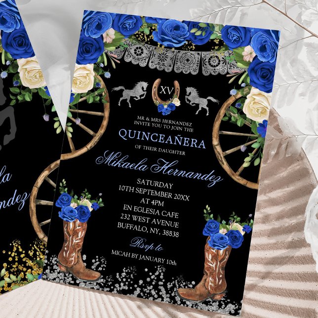 Black Navy Blue und Silver Charra Quinceañera Einladung (Von Creator hochgeladen)