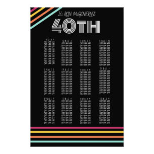 Black & Neon 40th Retro Stripe Sitzplan Fotodruck