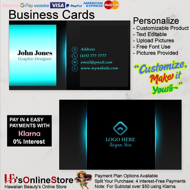 Black & Neon Blue Cartes de visite 16 Pack de 100 (Black & Neon Blue Business Cards 16 Pack of 100.)