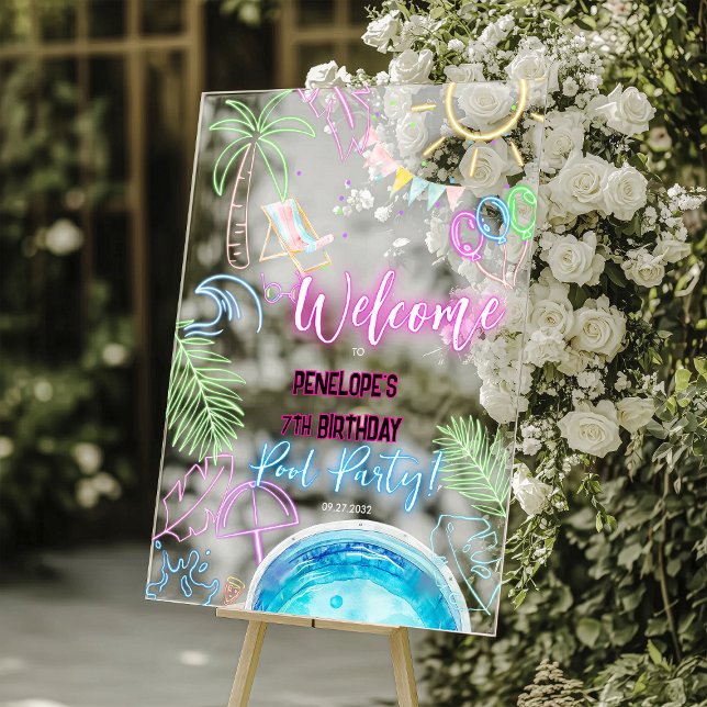 Black Neon Glow Watercolor Pool Party Welcome (Créateur téléchargé)