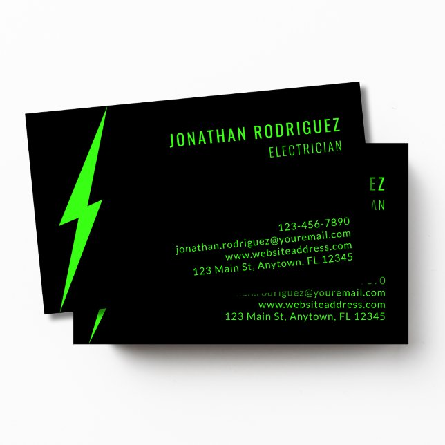 Black Neon Green Lighting Bolt Custom Electrician Visitenkarte (Von Creator hochgeladen)