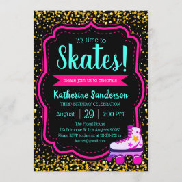 Black Neon Pink Gold Glitzer Roller Skate Geburtst Einladung
