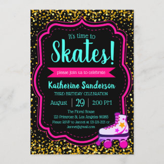 Black Neon Pink Gold Glitzer Roller Skate Geburtst Einladung