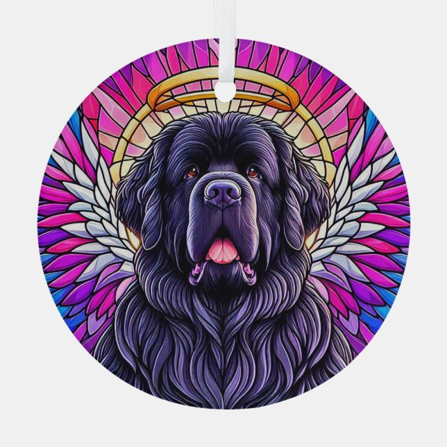Black Newfie Angel Round Ornament Aus Glas (Rückseite)