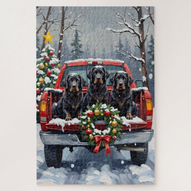 Black Newfoundland Christmas Red Truck Holiday (Vertikal)