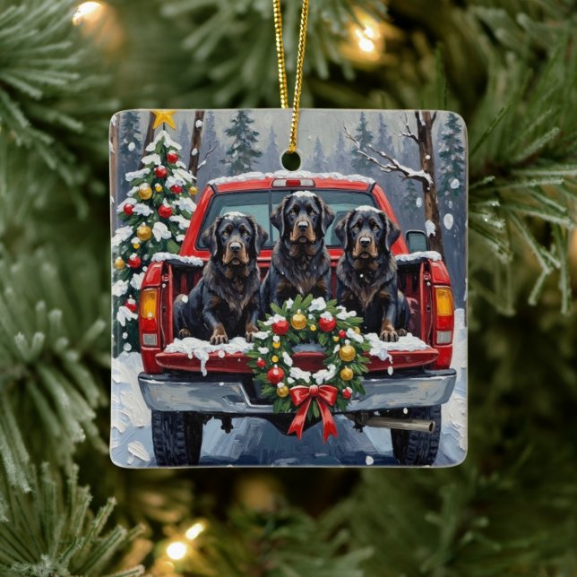 Black Newfoundland Christmas Red Truck Holiday Keramikornament (Baum)