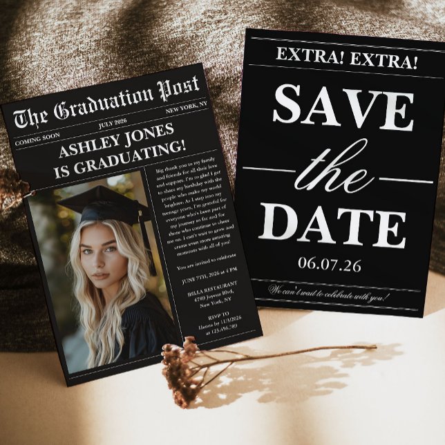 Black Newspaper Photo Graduation  Einladung (Von Creator hochgeladen)