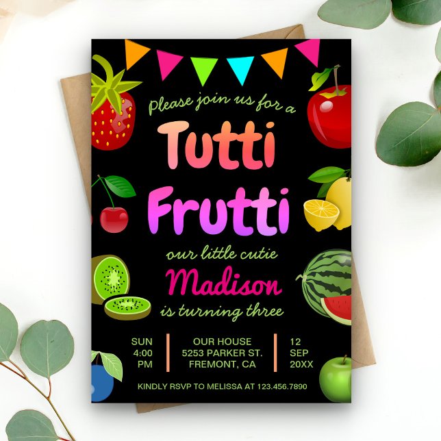 Black Niedlich Fruits Tutti Frutti Kindergeburtsta Einladung (Von Creator hochgeladen)