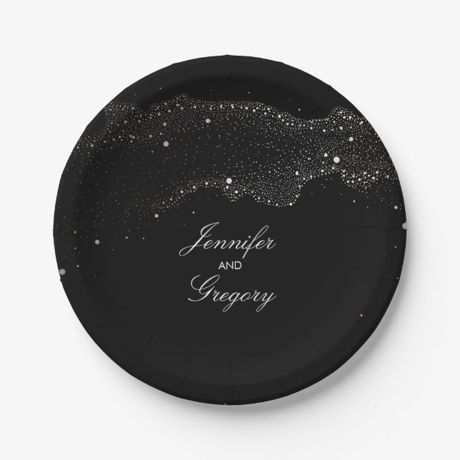 Black Night Gold Stars Romantische Hochzeit Pappteller (Vorderseite)