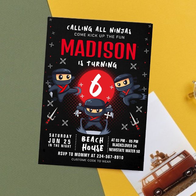 Black Ninja Birthday Party Einladung (Black Ninja Birthday Party Invitation)
