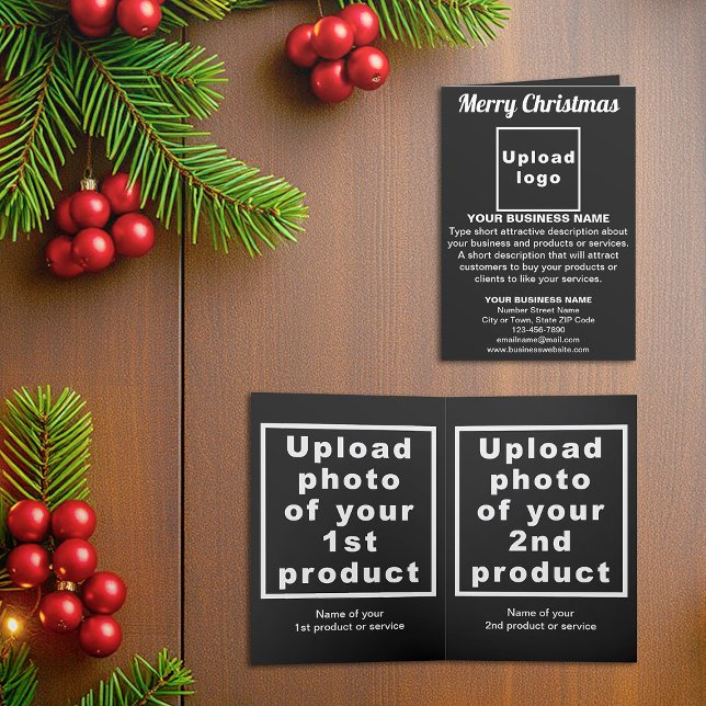 Black | Noël | Business | Carte double pour fêtes  (Black folded holiday card for Christmas with your business brand and products or services)