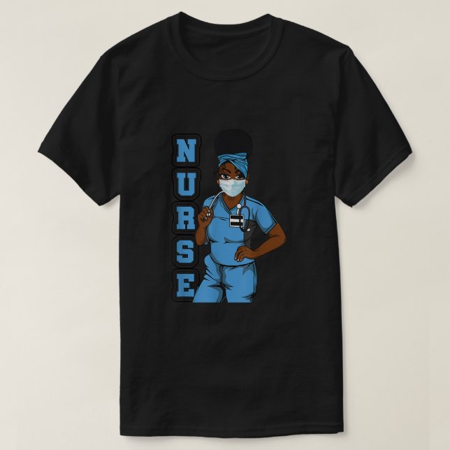 Black Nurform Uniform Face Mask Afro African Women T-Shirt (Design vorne)