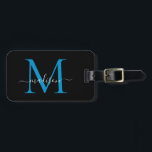 Black Ocean Blue Monogram Script Name Stilvoll Gepäckanhänger<br><div class="desc">Elegant Modern Stilvolle Black Bright Ocean Blue Monogram Script Name Stilvolle Bag Tag</div>