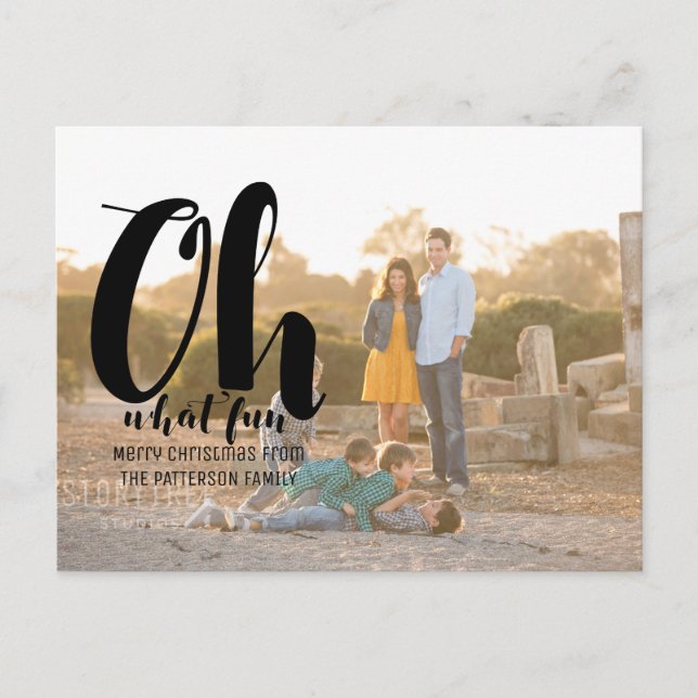 Black Oh What Fun Holiday Foto Postkarte (Vorderseite)