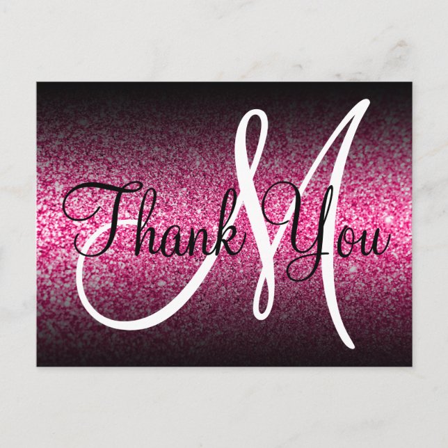 Black Ombre Hot Pink Glitzer Monogram Vielen Dank Postkarte (Vorderseite)