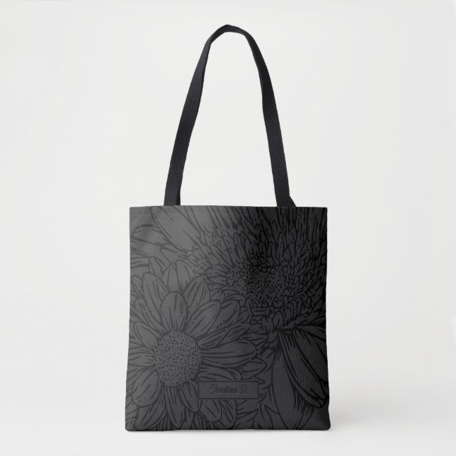 Black on Grey with Name and Chrysanthemums Tasche (Vorderseite)