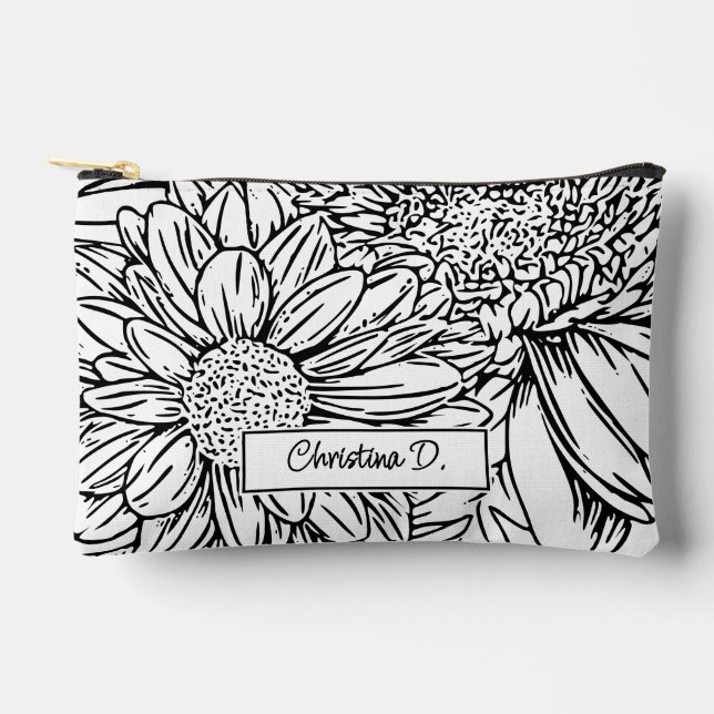 Black on White Chrysanthemums with Name Zubehörtasche (Vorderseite)