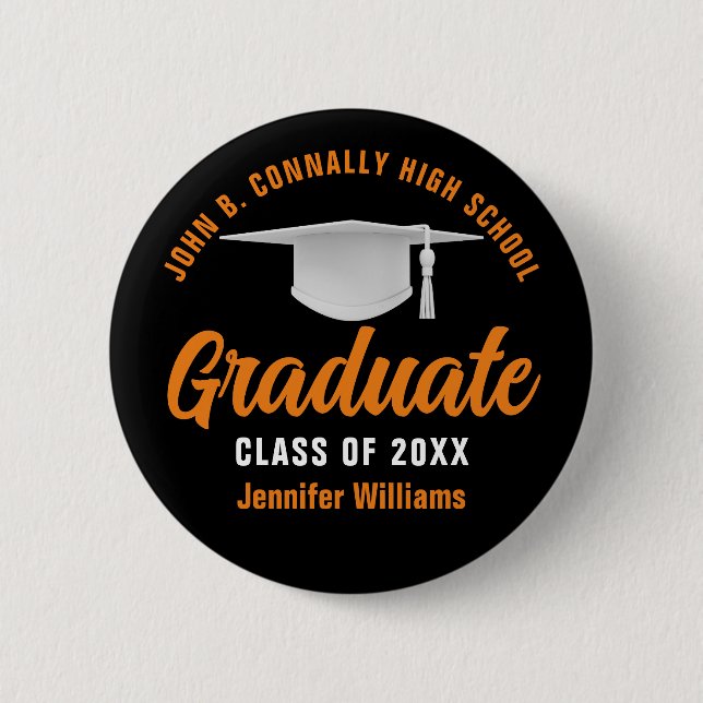 Black Orange Abschluss Personalisiert 2025 Graduat Button (Vorderseite)