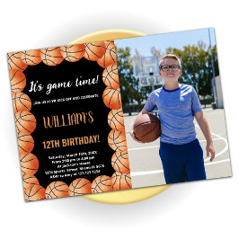 Black Orange Balls Basketball Geburtstag mit Foto Einladung