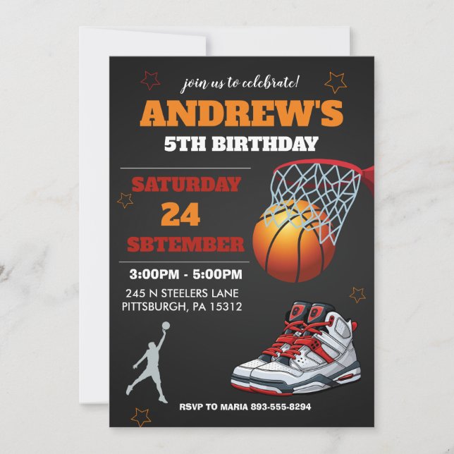 Black Orange Basketball Einladung zum Geburtstag (Vorderseite)