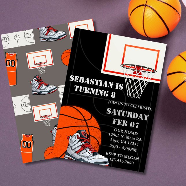 Black Orange Basketball Einladung zum Geburtstag (Basketball Birthday Invitation, )