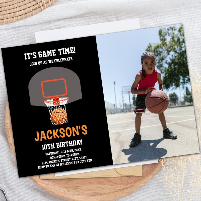 Black Orange Basketball Einladungen mit Foto (Black Orange Basketball Invitations with photo)